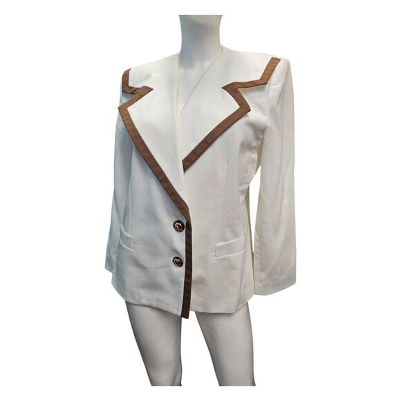 Le Suit Vintage 80's Suit Jacket Blazer Womens Size Large Off White Brown Trim - Picture 3 of 9